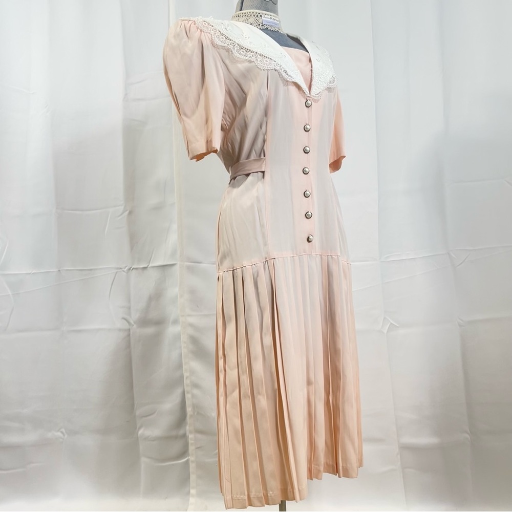 VTG Midi Dress Tea Length Soft Pastel Wide Collar Feminine 80s Summer Wedding SM